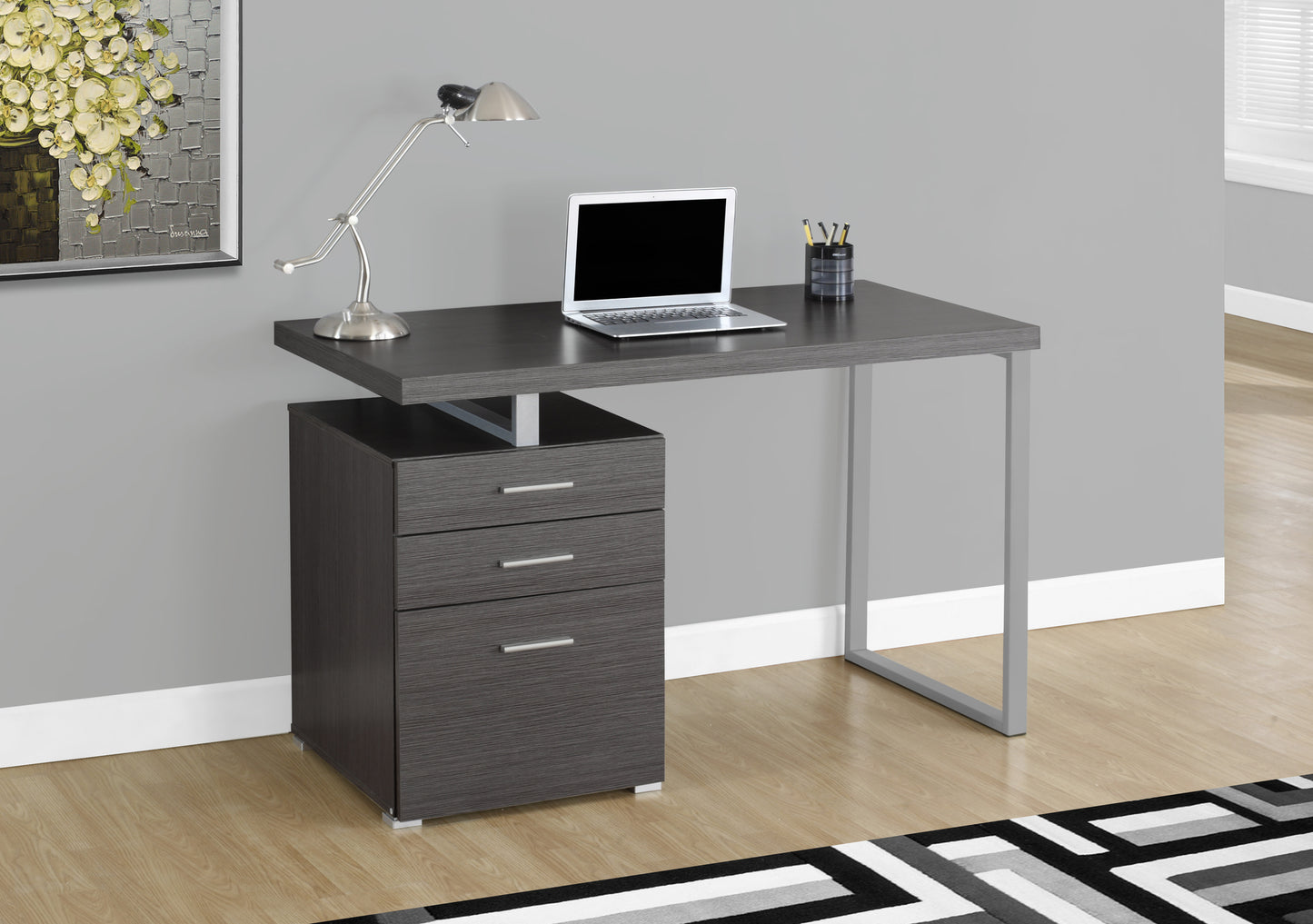 title:Computer Desk, Home Office, Laptop, Left, Right Set-up, Storage Drawers, 48"l, Work, Grey Laminate, Grey Metal, Contemporary, Modern;color:Grey