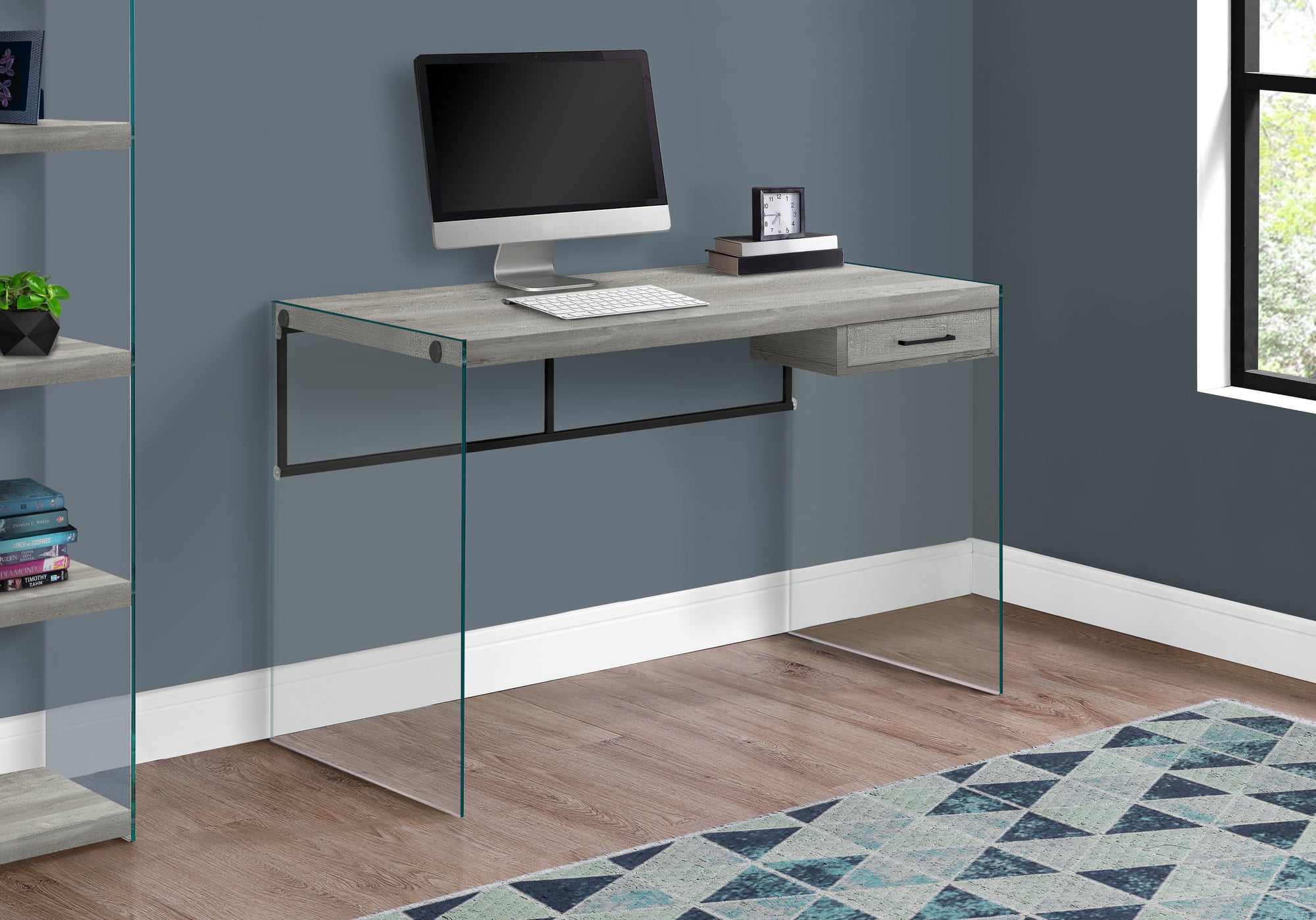 title:Computer Desk, Home Office, Laptop, Storage Drawers, 48"l, Work, Grey Laminate, Clear Tempered Glass, Contemporary, Modern;color:Grey