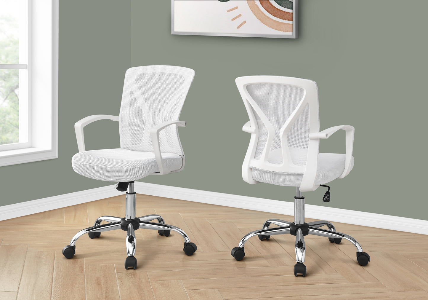 title:Office Chair, Adjustable Height, Swivel, Ergonomic, Armrests, Computer Desk, Work, White Mesh, Chrome Metal, Contemporary, Modern;color:White