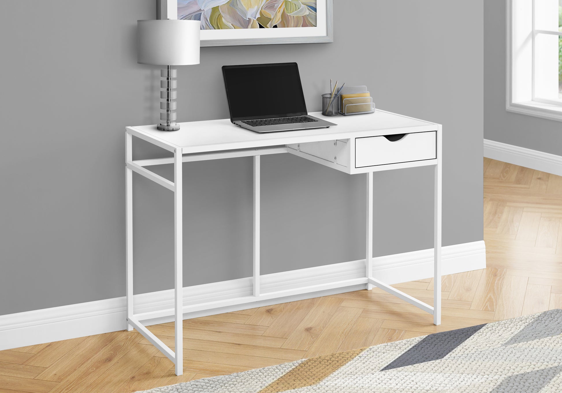 title:Computer Desk, Home Office, Laptop, Storage Drawer, 42"l, Work, White Laminate, White Metal, Contemporary, Modern;color:White