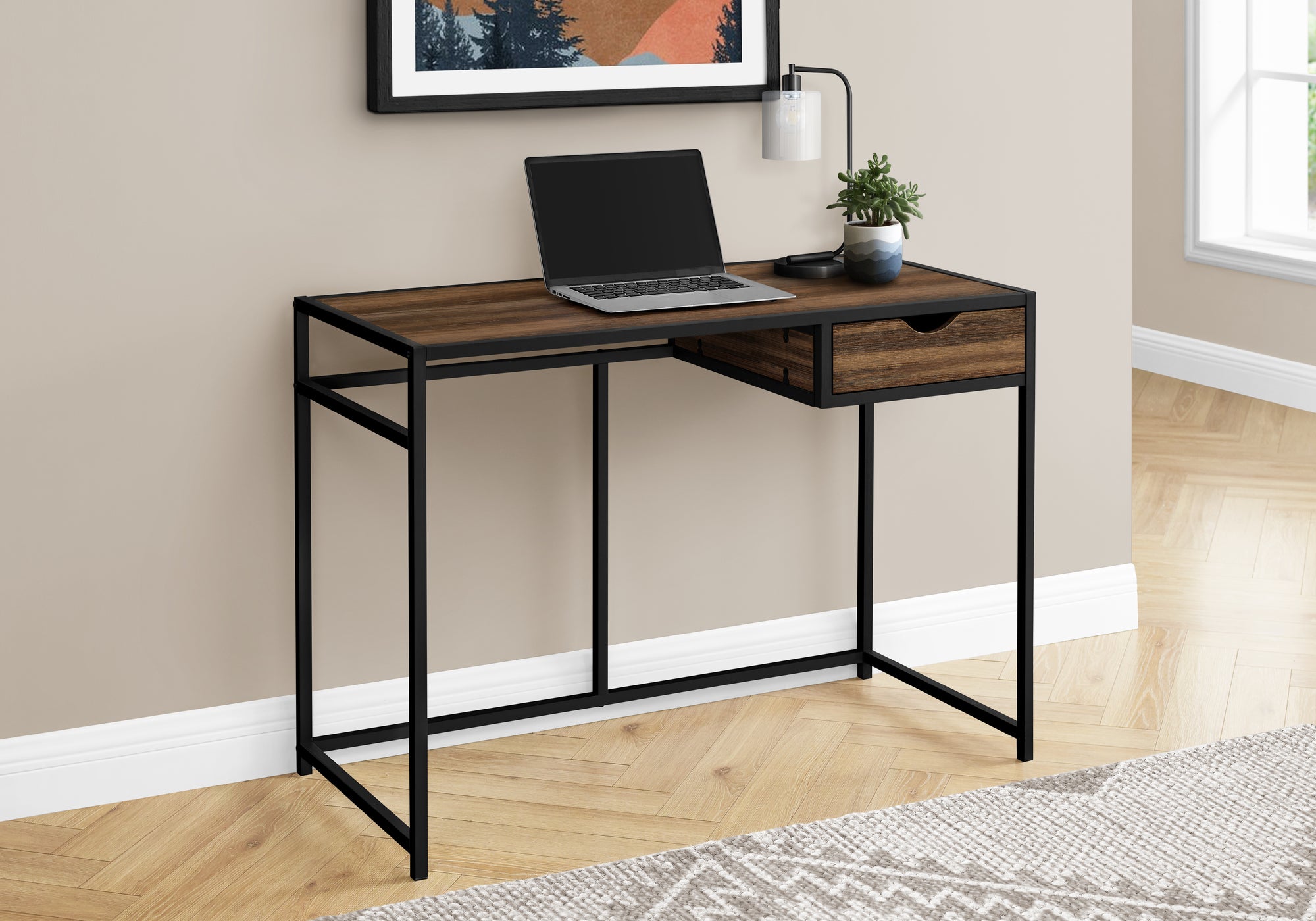 title:Computer Desk, Home Office, Laptop, Storage Drawer, 42"l, Work, Brown Laminate, Black Metal, Contemporary, Modern;color:Brown