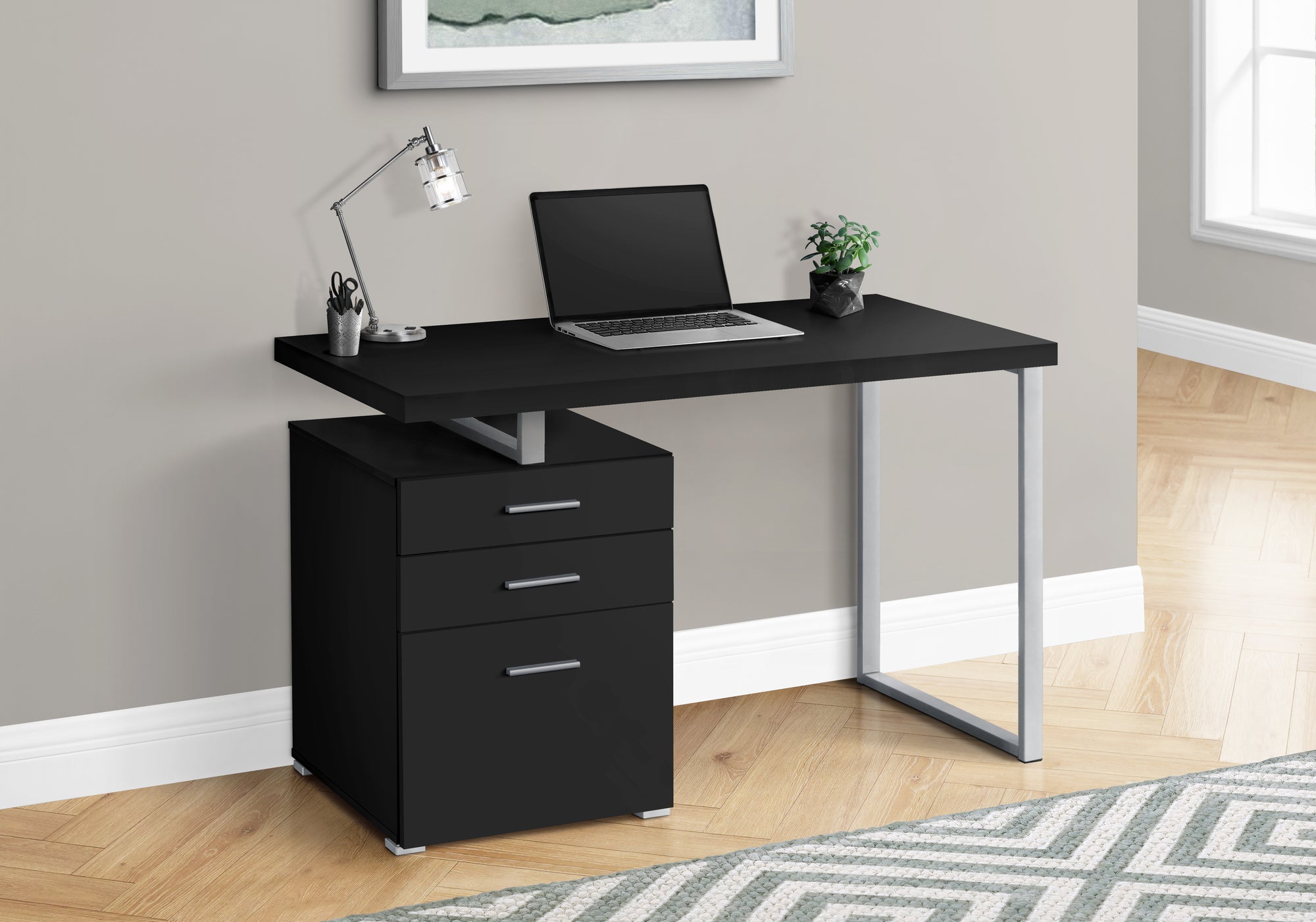 title:Computer Desk, Home Office, Laptop, Left, Right Set-up, Storage Drawers, 48"l, Work, Black Laminate, Grey Metal, Contemporary, Modern;color:Black