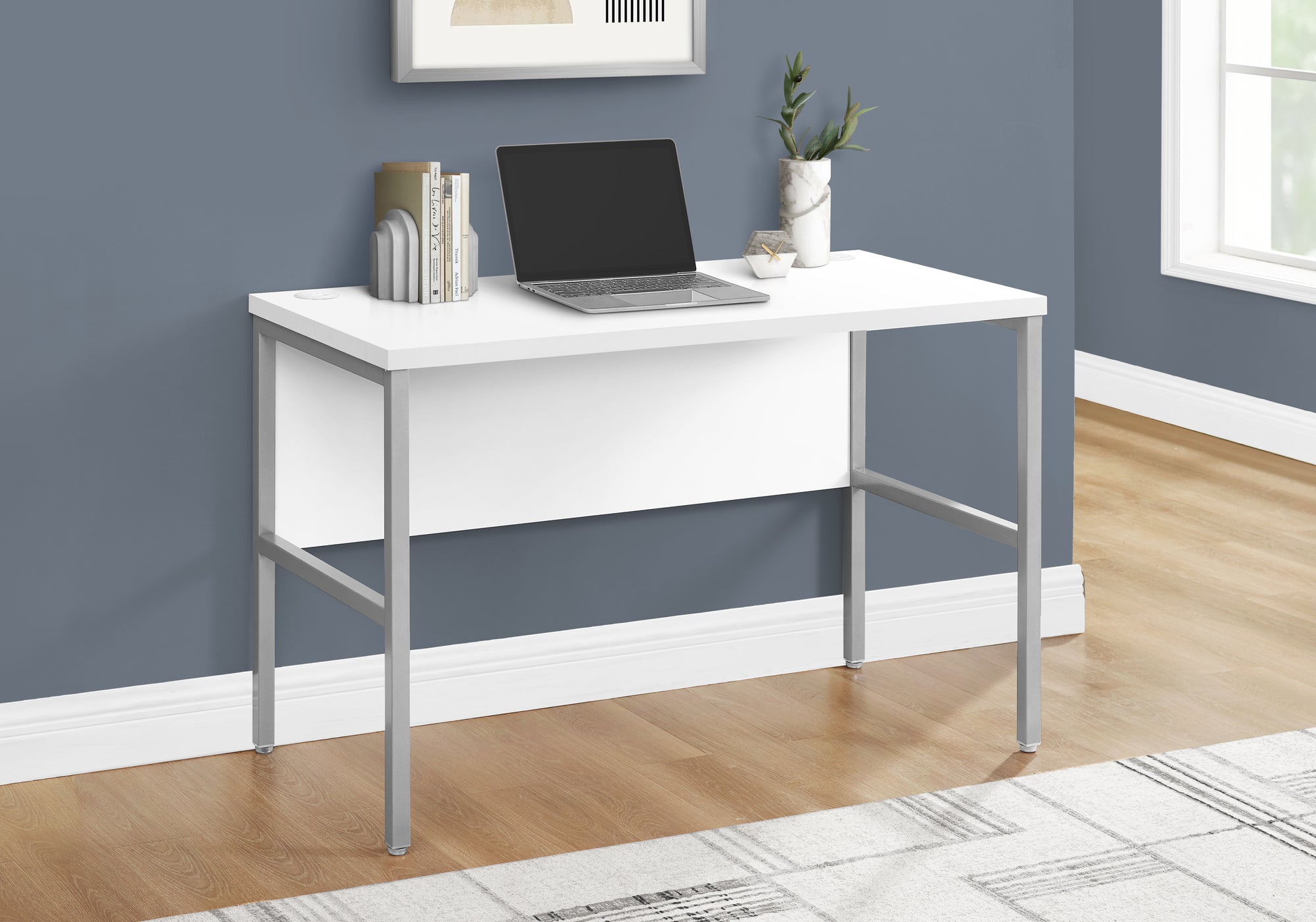 title:Computer Desk, 48"l, Work, Home Office, Commercial Grade, White Laminate, Silver Metal, Contemporary, Modern;color:White