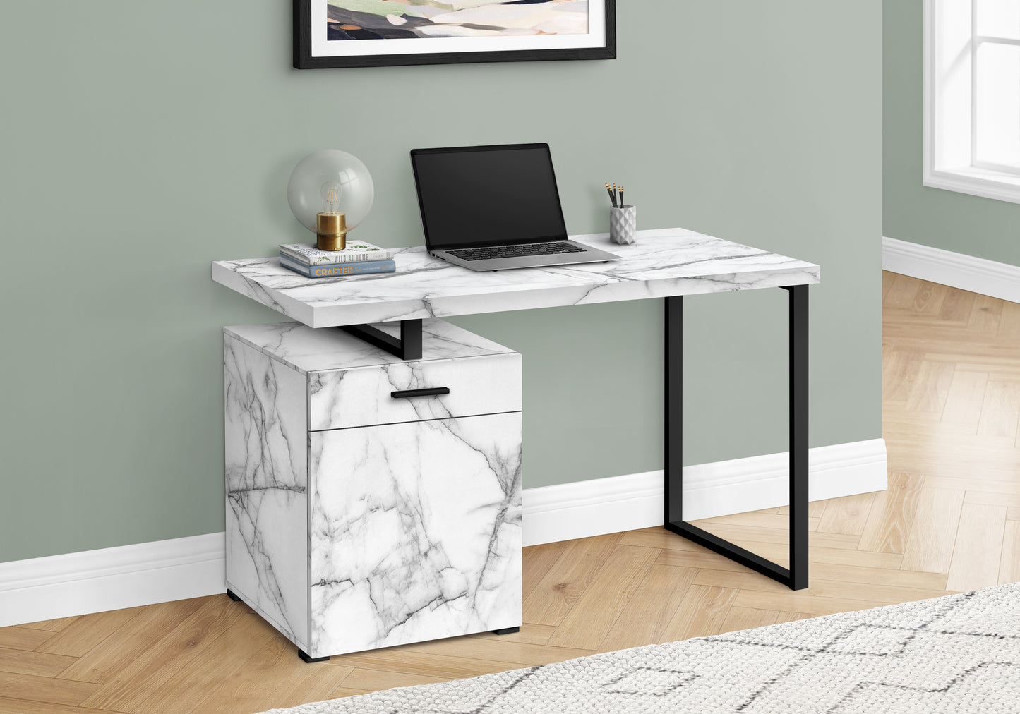 title:Computer Desk, Home Office, Laptop, Left, Right Set-up, Storage Drawers, 48"l, Work, White Marble Look Laminate, Black Metal, Contemporary, Modern;color:White