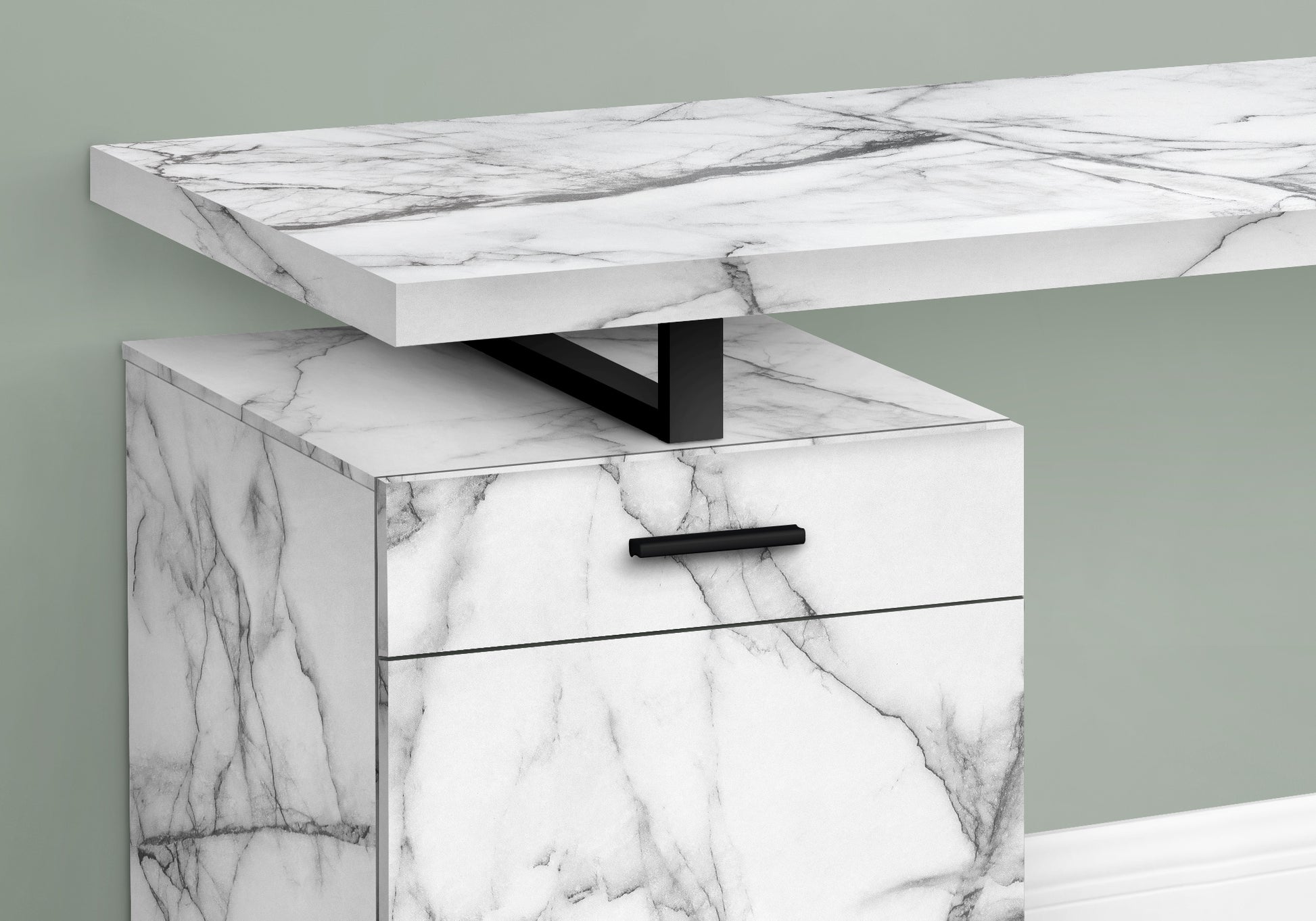 title:Computer Desk, Home Office, Laptop, Left, Right Set-up, Storage Drawers, 48"l, Work, White Marble Look Laminate, Black Metal, Contemporary, Modern;color:White