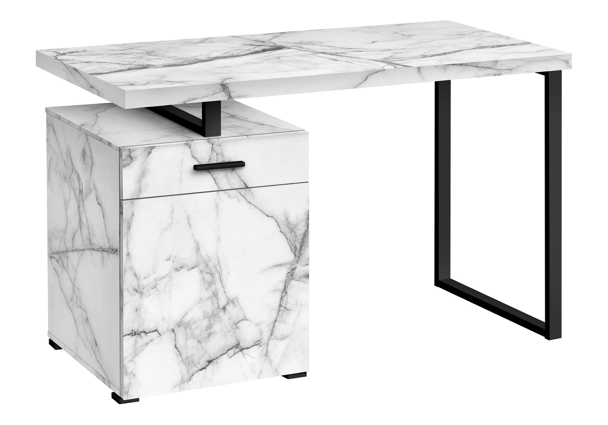 title:Computer Desk, Home Office, Laptop, Left, Right Set-up, Storage Drawers, 48"l, Work, White Marble Look Laminate, Black Metal, Contemporary, Modern;color:White