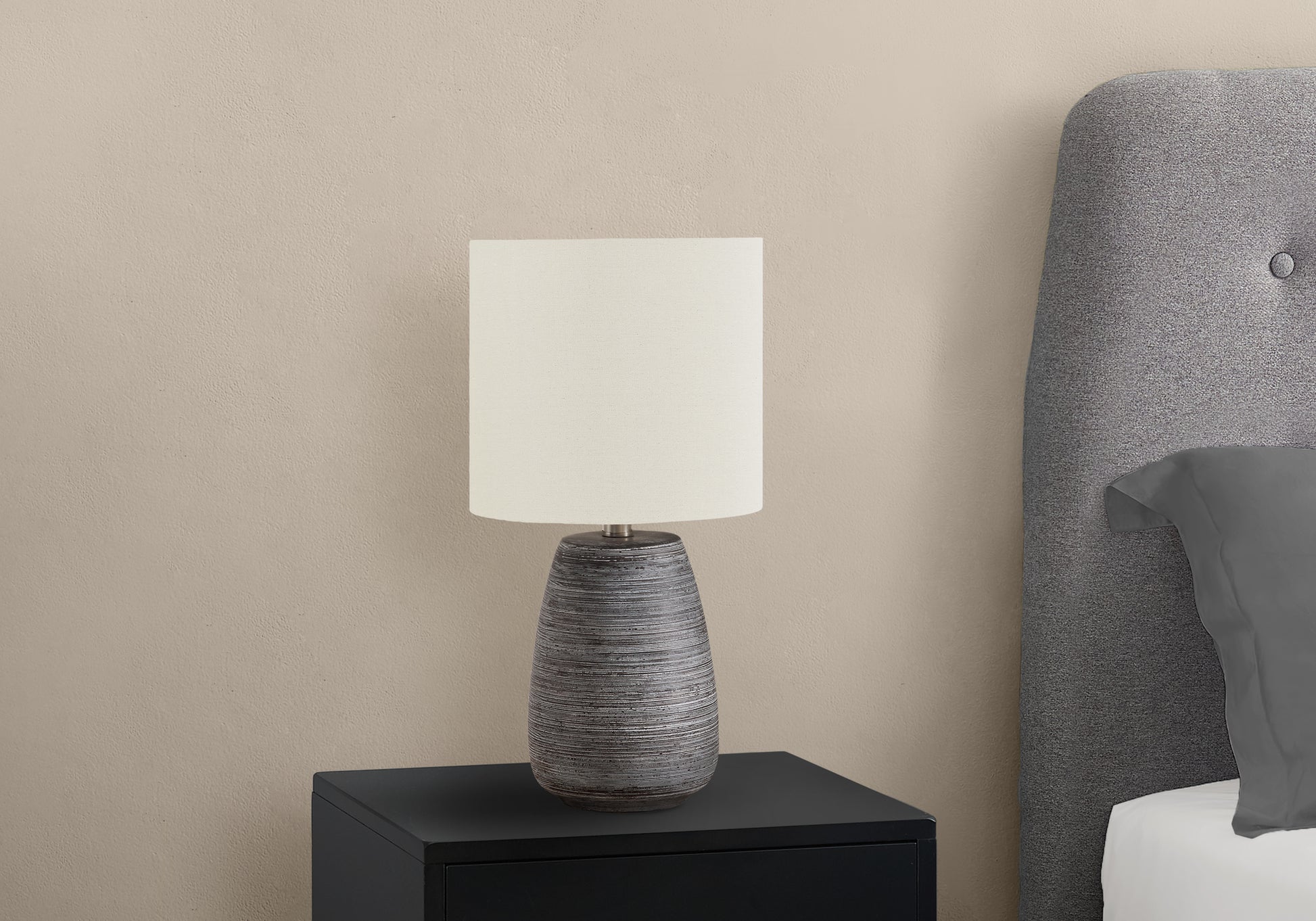 title:Lighting, 19"h, Table Lamp, Grey Ceramic, Ivory / Cream Shade, Contemporary;color:Grey