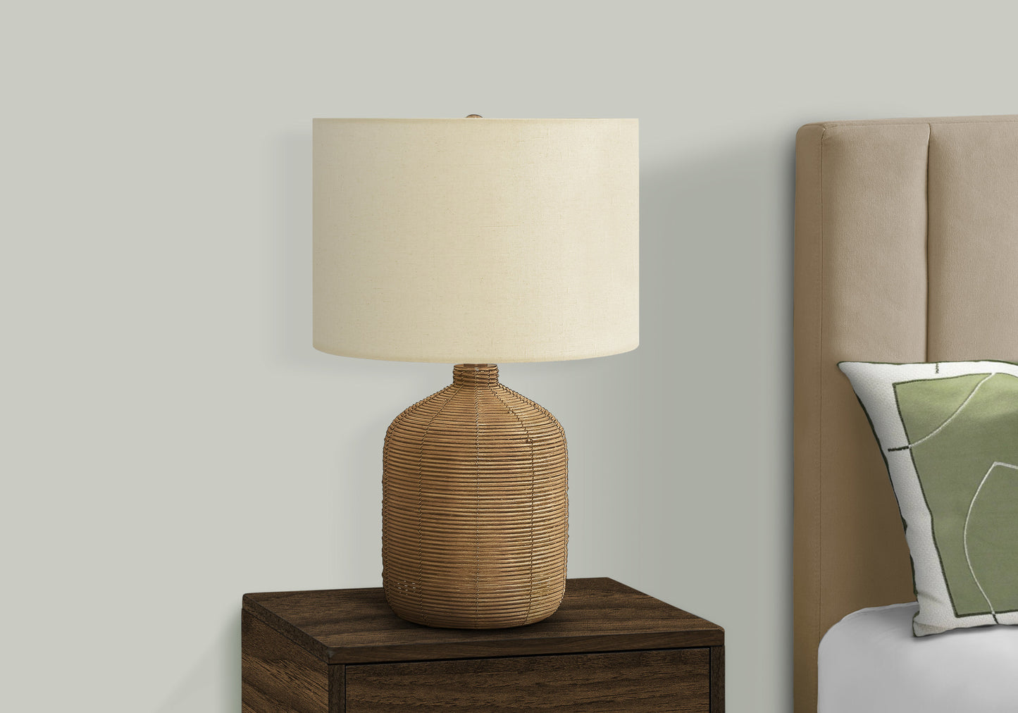 title:Lighting, 23"h, Table Lamp, Brown Rattan, Beige Shade, Modern;color:Brown