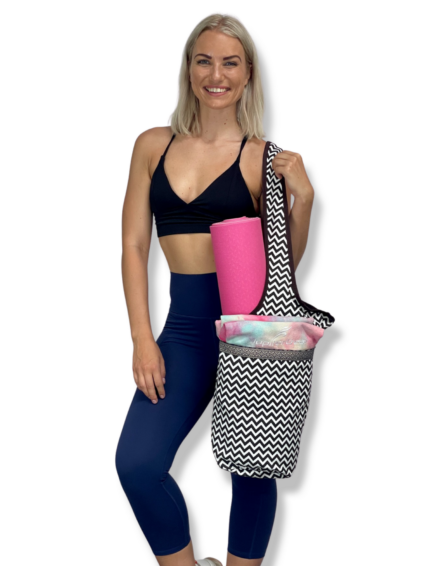 title:JupiterGear Yoga Mat Carrying Tote Bag with Large Size Pockets | Multipurpose and Fit Most Size Mats;color:Black & White ZigZag