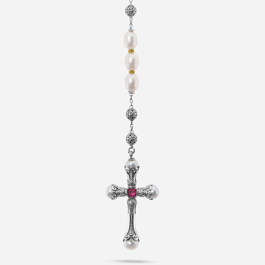 Konstantino Kleos Sterling Silver and 18K Yellow Gold, Pearl and Pink Tourmaline Lariat Necklace - ShopWorn