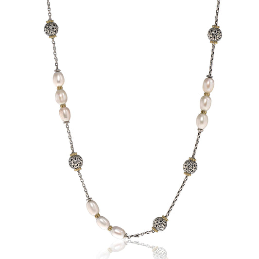 Konstantino Kleos Sterling Silver and 18K Yellow Gold, Pearl Station Necklace - ShopWorn