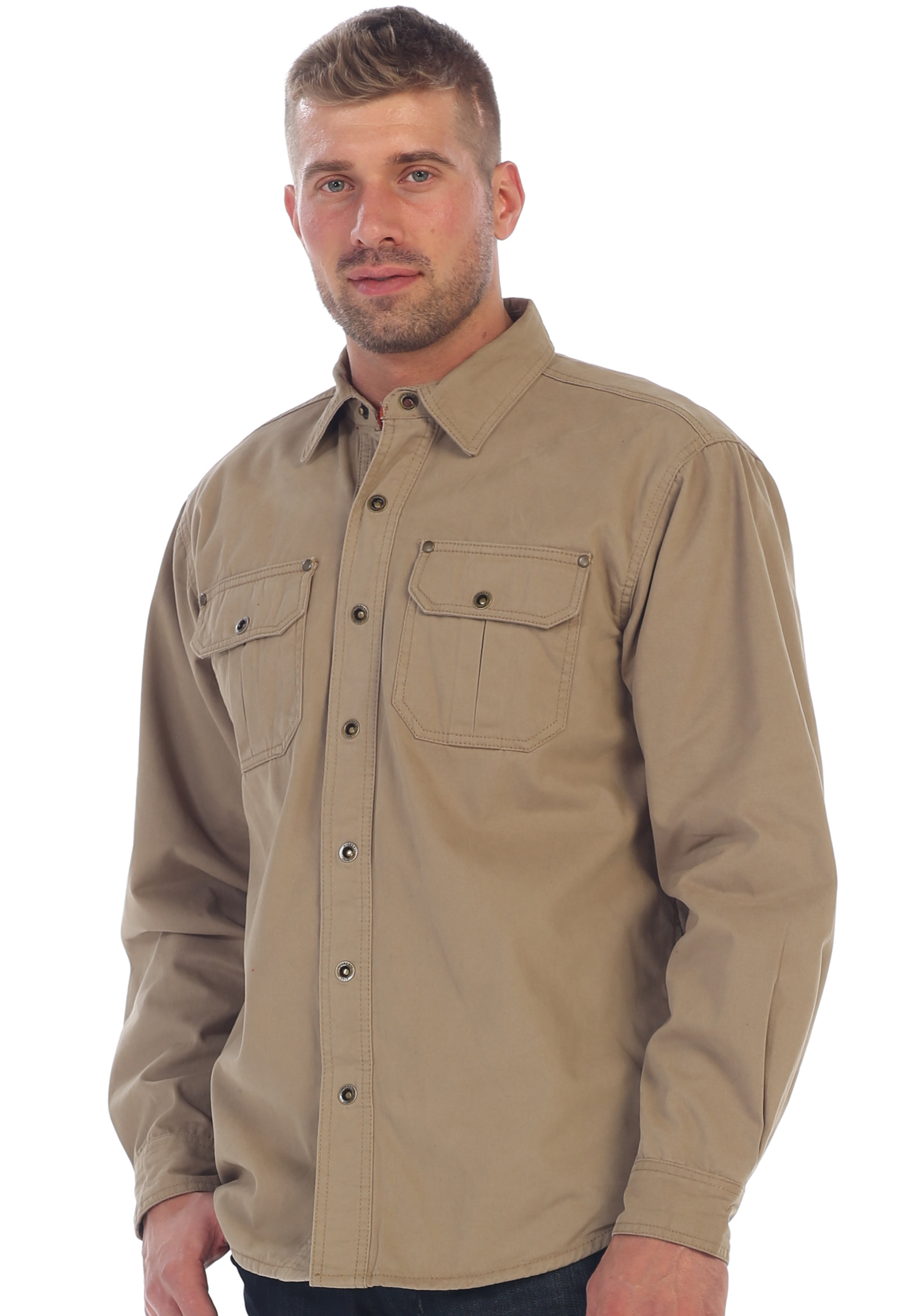 title:Gioberti Men's Khaki Cotton Brushed and Soft Twill Shirt Jacket with Flannel Lining;color:Khaki