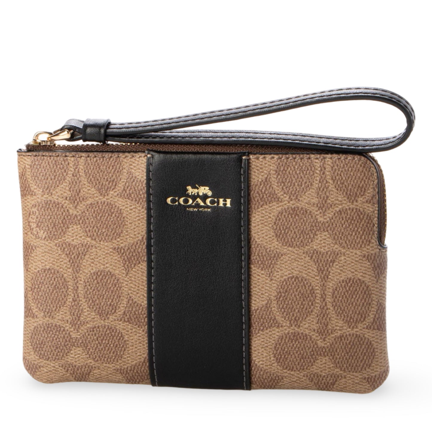 title:Coach Women's Corner Zip Wristlet In Signature Canvas;color:Tan / Black