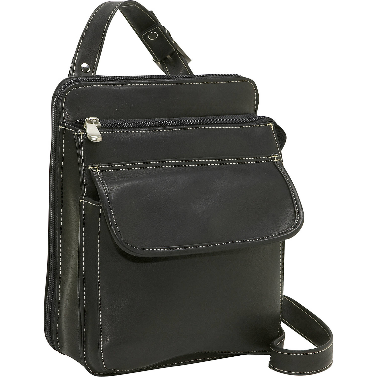 title:Leather Structured Organizer Shoulder Bag;color:Black