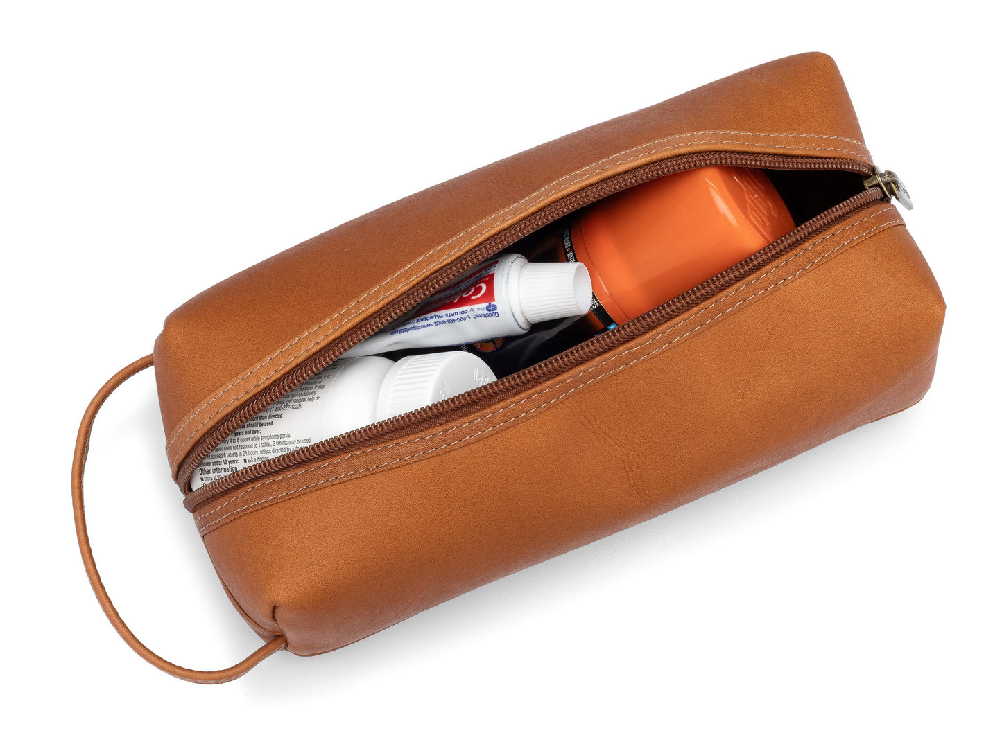 title:Leather Jet Set Toiletry Bag;color:Tan