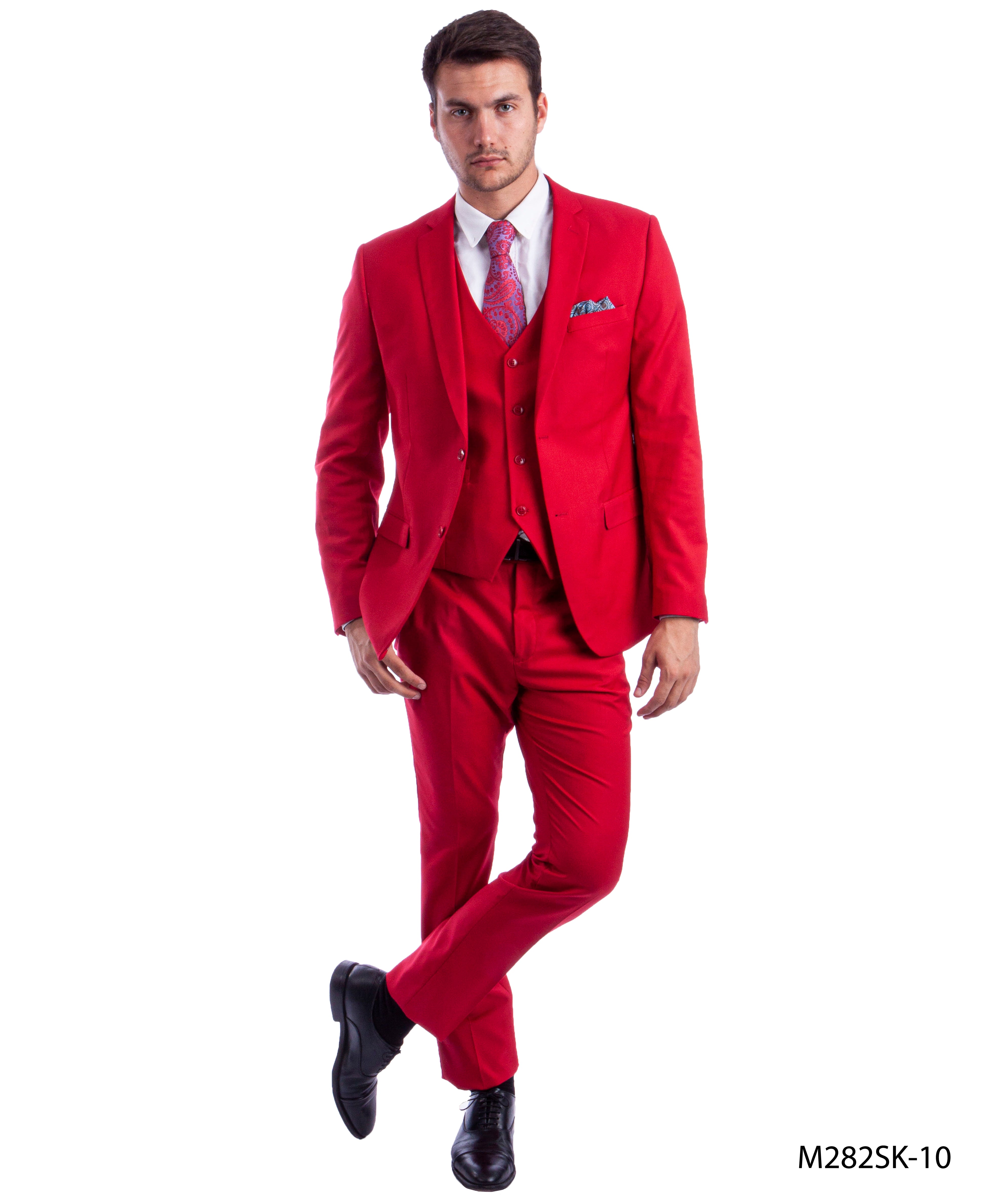 title:Sean Alexander Red 3 PC Solid Suit Skinny Fit Suits;color:Red