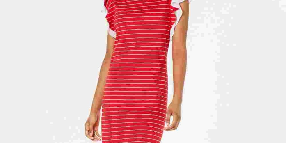 Maison Jules Women's Striped Ruffle-Sleeve Dress Red Size Large