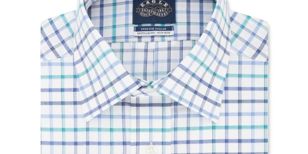 Eagle Men's Windowpane Plaid Collared Classic Fit Stretch Dress Shirt Blue