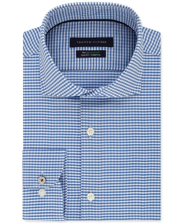 Tommy Hilfiger Men's Slim Thflex Supima Stretch Check Dress Shirt Blue Size 16X34-35