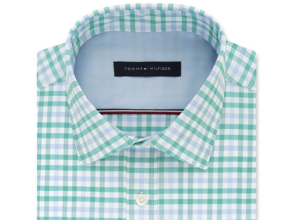 Tommy Hilfiger Men’s Slim Fit Check Dress Shirts Green Size 16.5X36-37