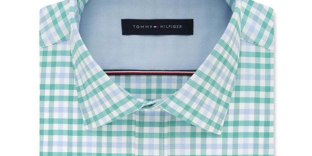Tommy Hilfiger Men's Windowpane Plaid Work Dress Shirt Green Size 17X36-37
