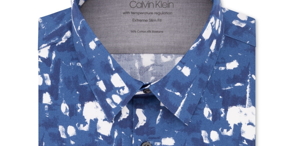 Calvin Klein Men's Extra-Slim Fit Temperature Regulation Performance Stretch Print Dress Shirt Blue Size 15.5X32-33