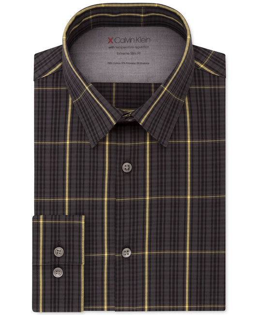 Calvin Klein Men's Windowpane Plaid Collared Slim Fit Dress Shirt Grey Size 16x34-35