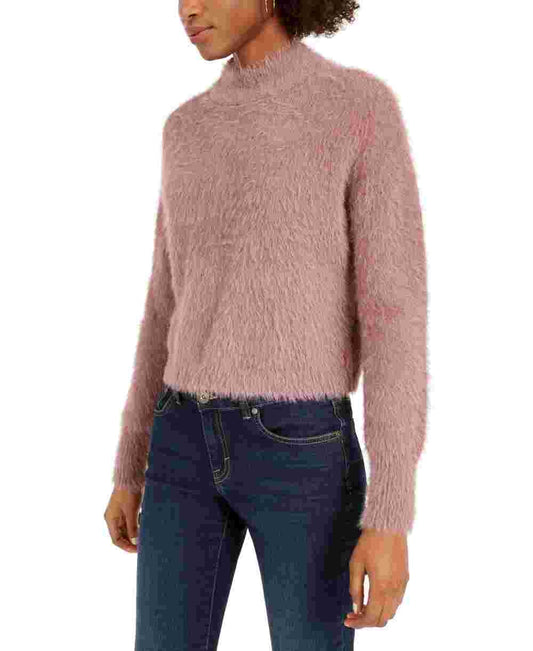 Sun+ Moon Women's Fuzzy Finish Long Sleeve Mock T-Shirt Sweater Pink Size Large