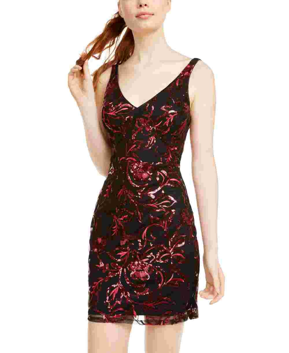 Sequin Hearts Women's Sequined Printed Sleeveless V Neck Short Body Con Cocktail Dress Wine Size 13