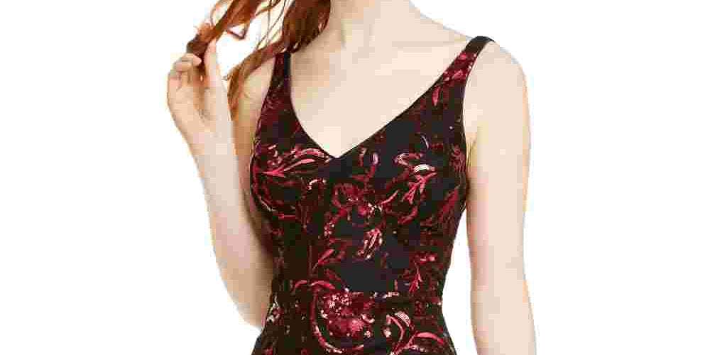 Sequin Hearts Women's Sequined Printed Sleeveless V Neck Short Body Con Cocktail Dress Wine Size 13