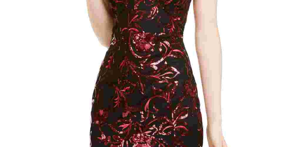 Sequin Hearts Women's Sequined Printed Sleeveless V Neck Short Body Con Cocktail Dress Wine Size 13