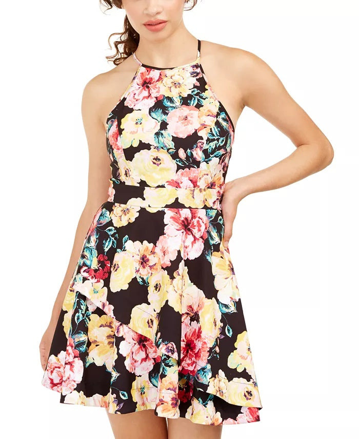 Speechless Women's Yellow Floral Sleeveless Halter Short Fit + Flare Dress Black Multi Size 3