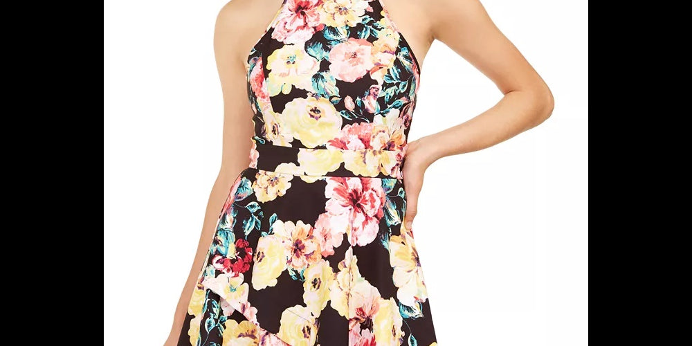 Speechless Women's Yellow Floral Sleeveless Halter Short Fit + Flare Dress Black Multi Size 3