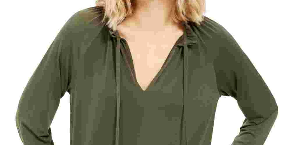 Michael Kors Women's Ruffled Long Sleeve V Neck Top Green Size Large