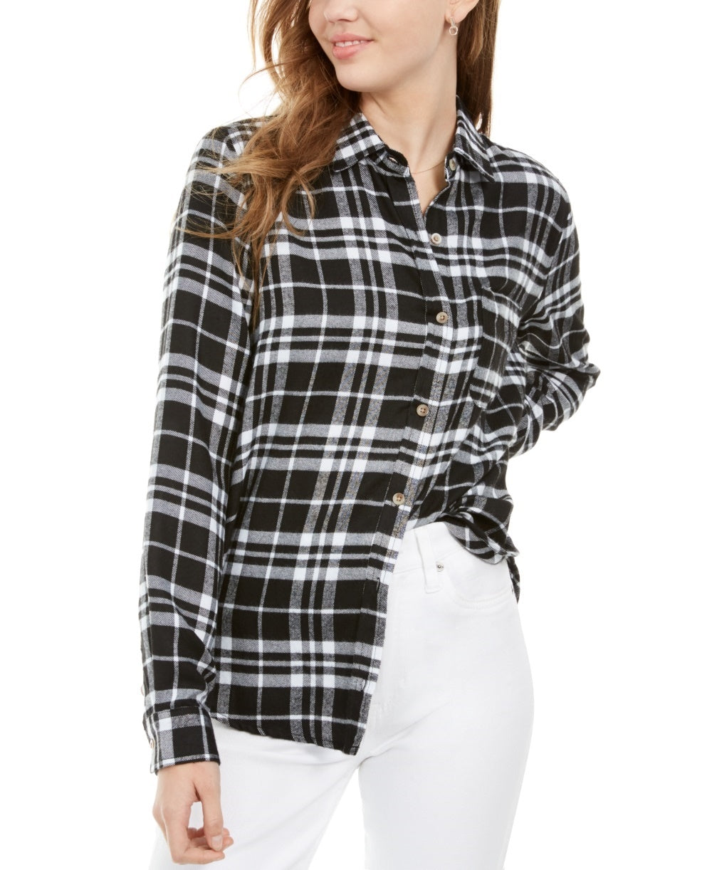 Polly & Esther Junior's Plaid Utility Shirt Black Size X-Small