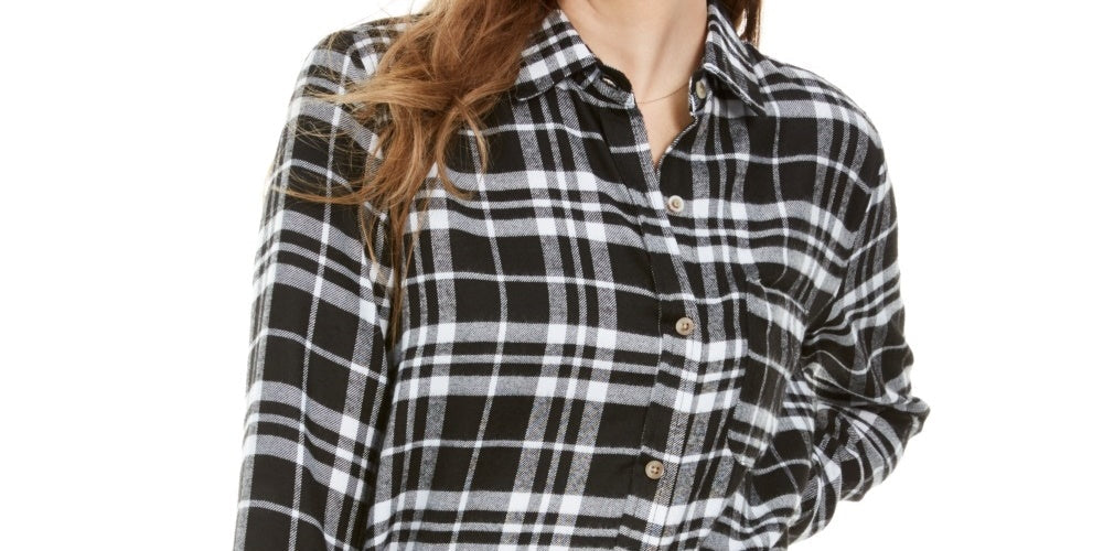 Polly & Esther Junior's Plaid Utility Shirt Black Size X-Small