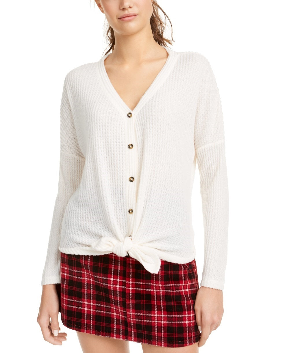 Ultra Flirt Juniors' Waffle-Knit Tie-Front Top Natural Size X-Small