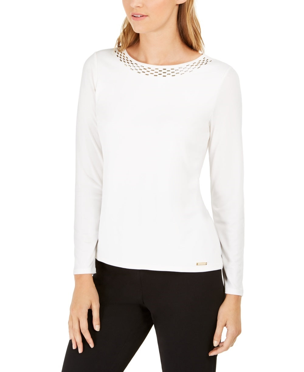 Calvin Klein Women's Embellished Neck Top White Size Large