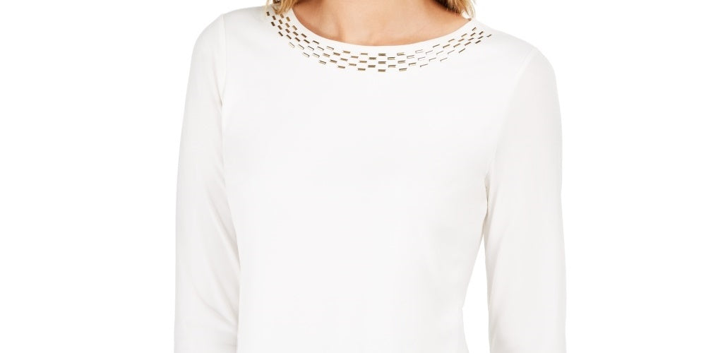 Calvin Klein Women's Embellished Neck Top White Size Large