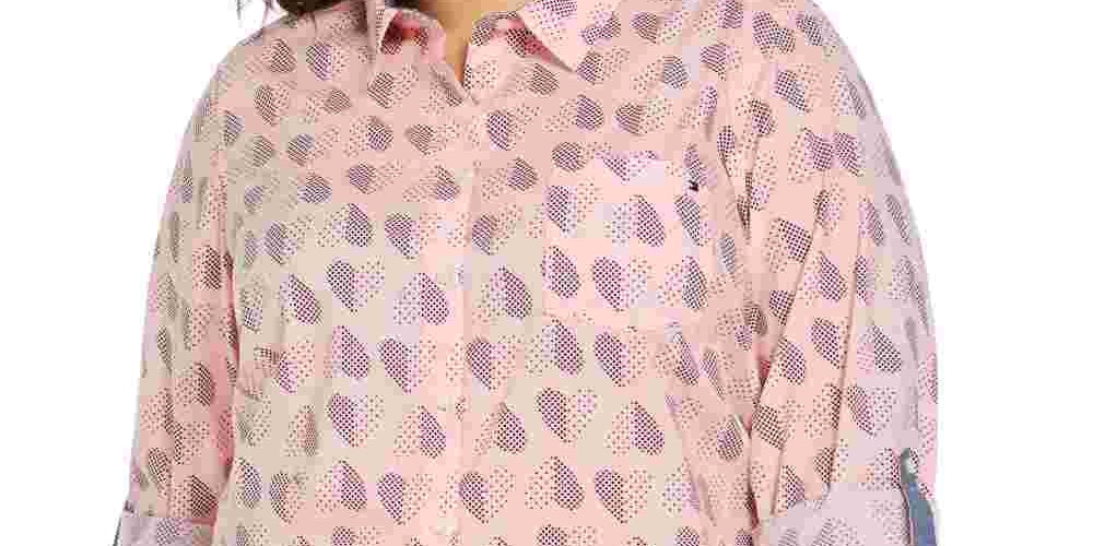 Tommy Hilfiger Women's Polka Dot Heart Print Cotton Shirt Pink Size 0X
