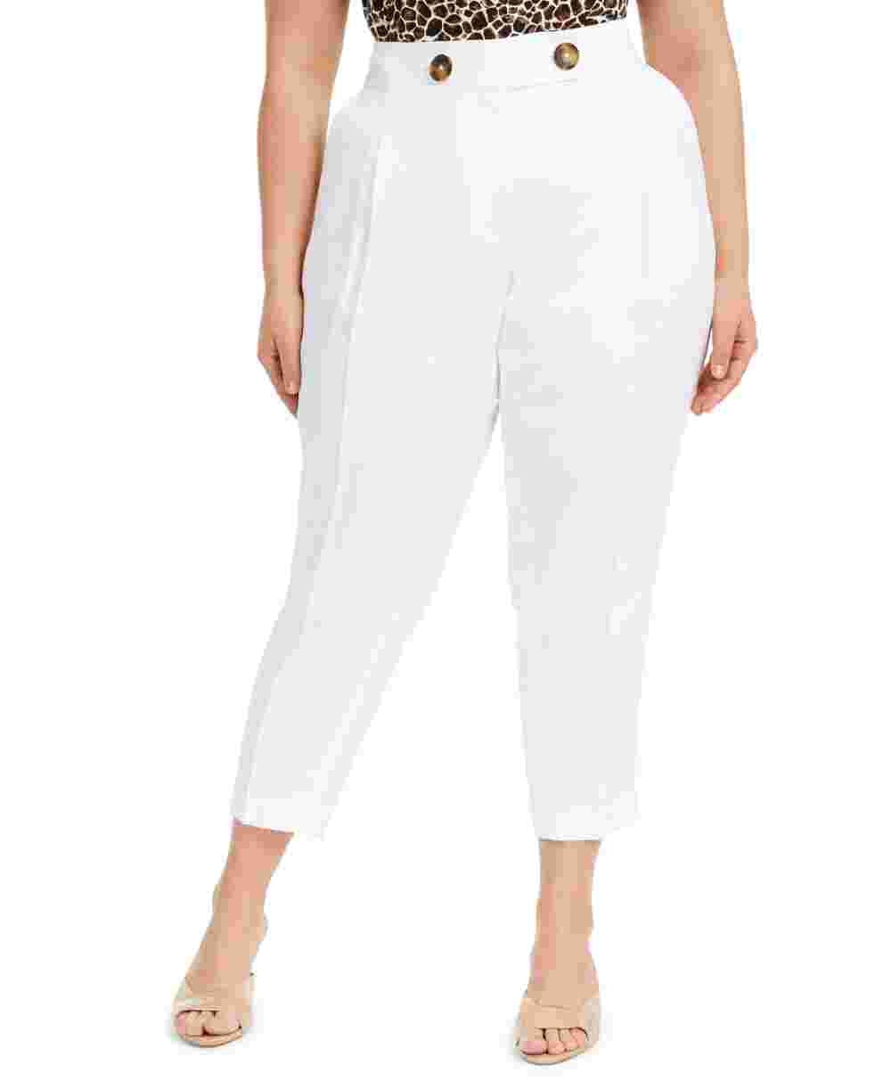 Calvin Klein Women's Plus Linen Blend High Waist Ankle Pants White Size 14W