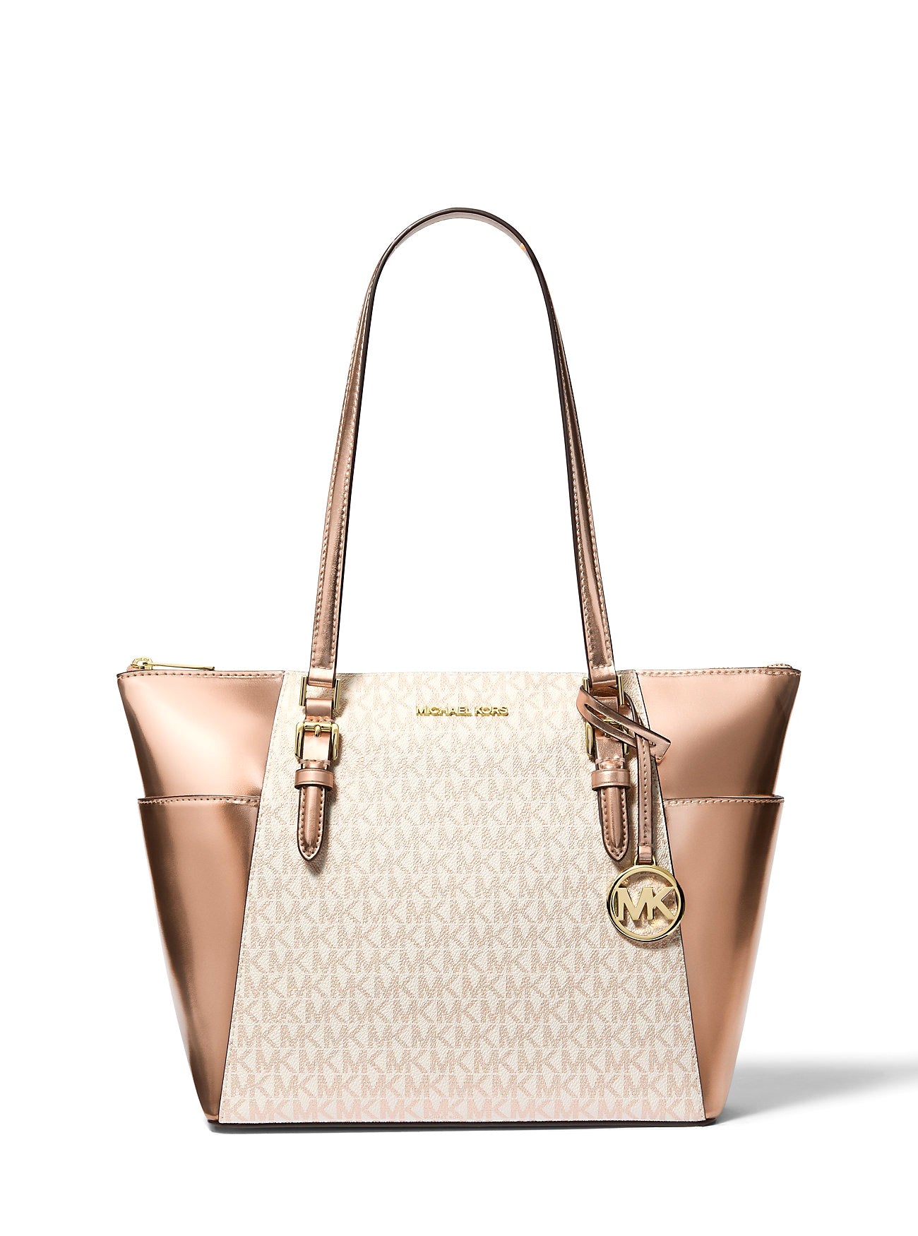 title:Michael Kors Women's Charlotte Large Signature Logo and Metallic Top-Zip Tote Bag;color:Rose Gold