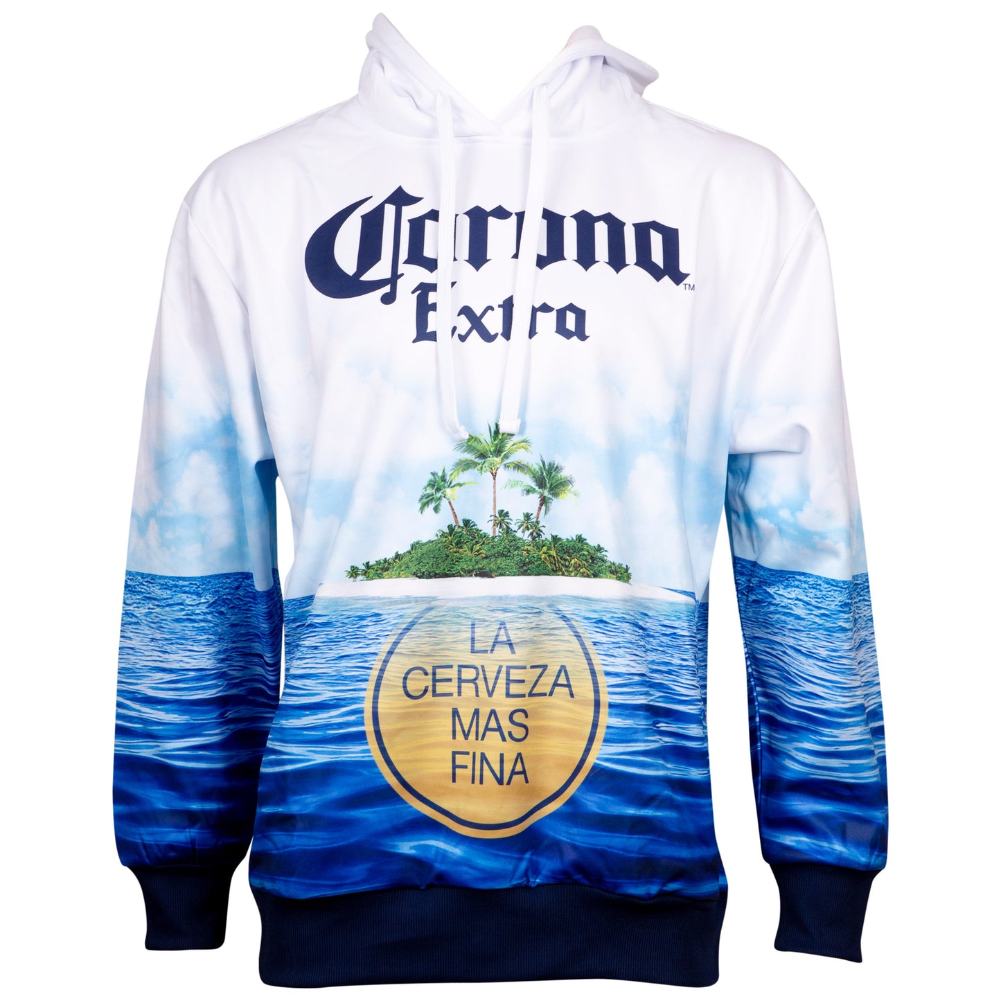 title:Corona Extra Beer Sublimated Beach Scene Hoodie;color:White