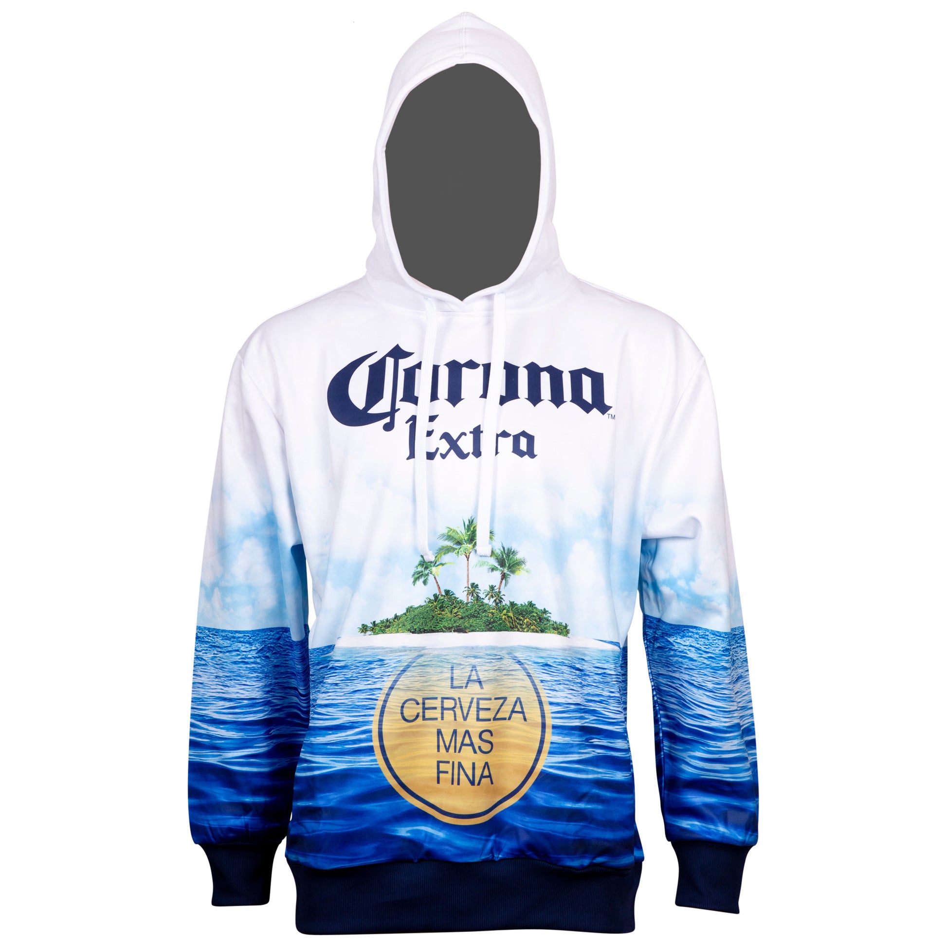 title:Corona Extra Beer Sublimated Beach Scene Hoodie;color:White