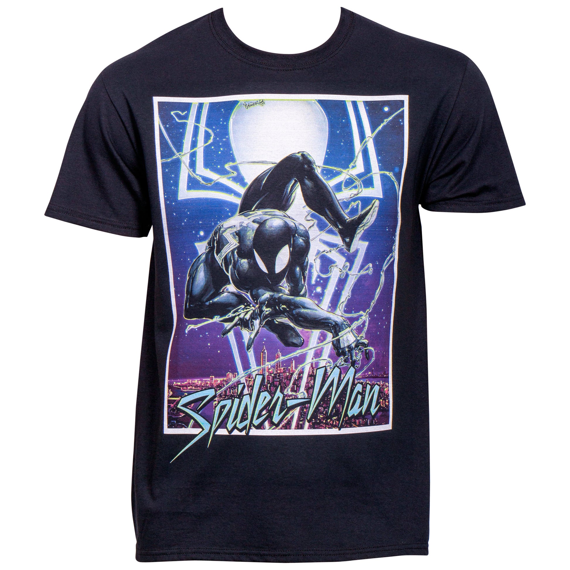 title:Marvel Spider-Man Symbiote Suit Swinging over the City T-Shirt;color:Black