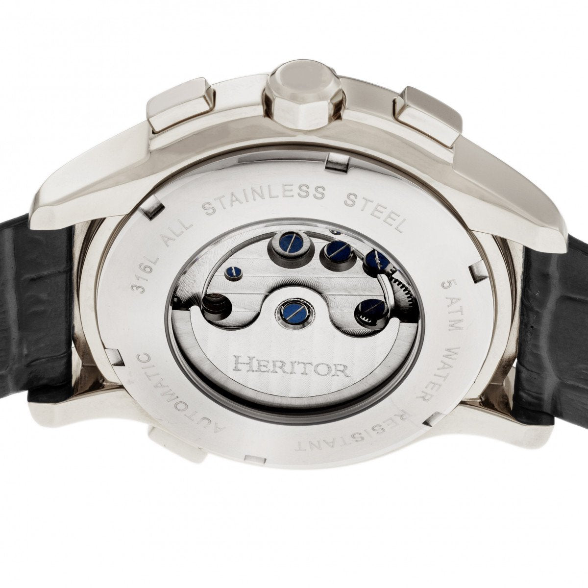 Heritor Automatic Hudson Semi-Skeleton Leather-Band Watch w/Day/Date - Black/Silver - HERHR7502