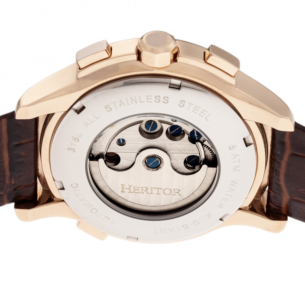 Heritor Automatic Hudson Semi-Skeleton Leather-Band Watch w/Day/Date - Brown/Rose Gold - HERHR7504