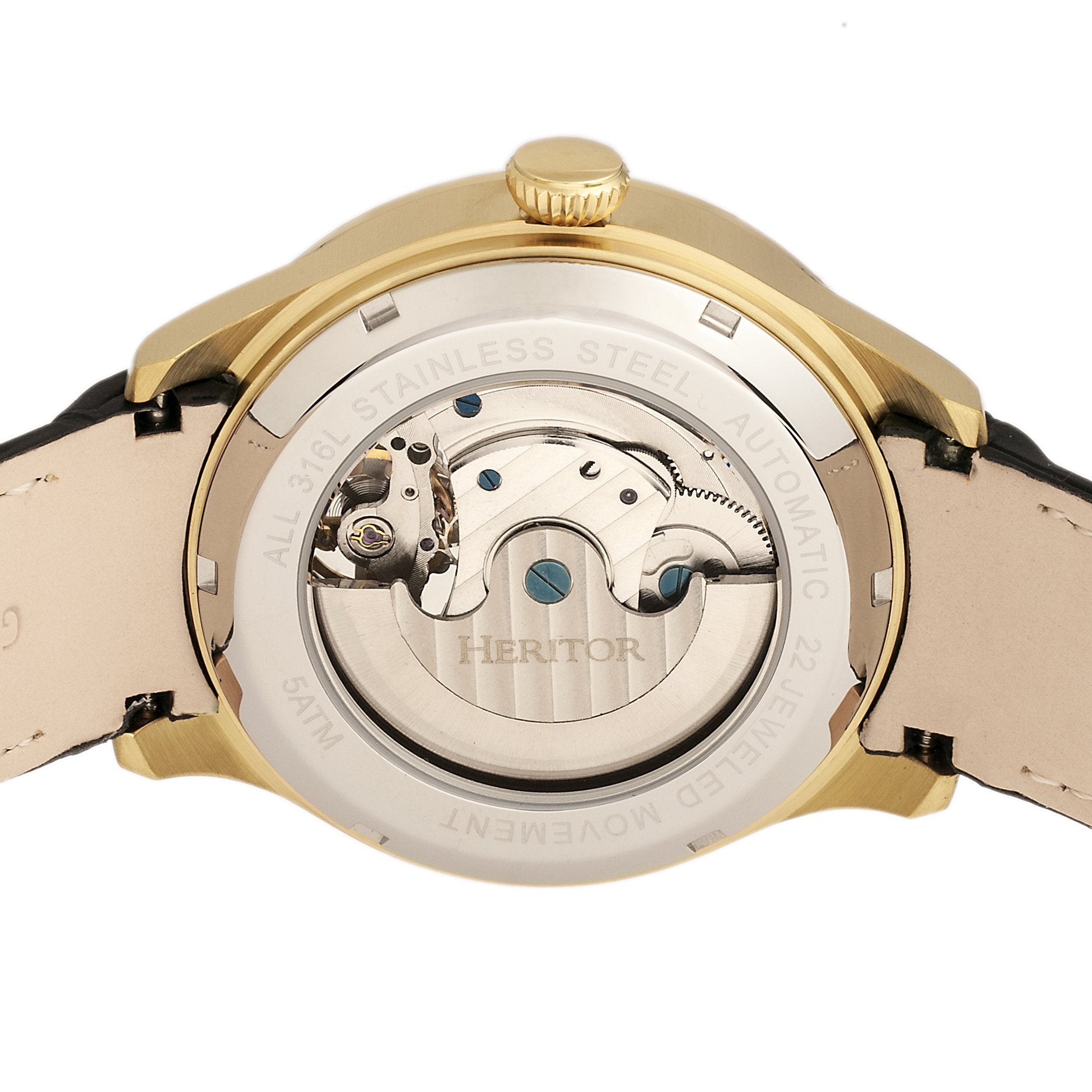 Heritor Automatic Gregory Semi-Skeleton Leather-Band Watch - Gold/Black - HERHR8104