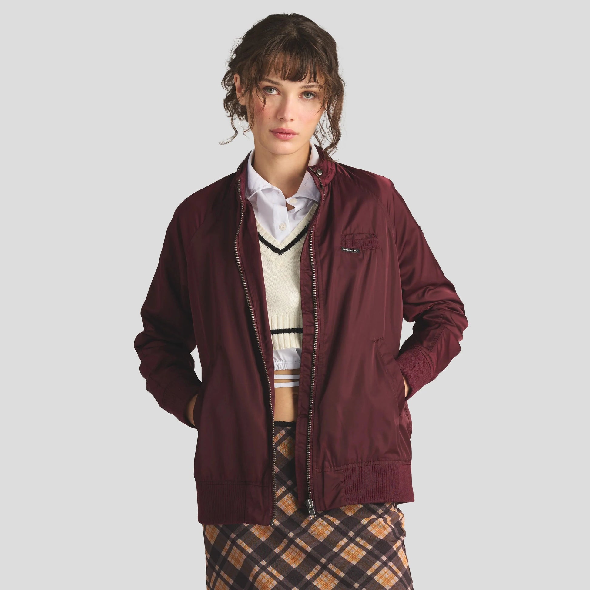 Women's Satin Bomber Jacket Women's Iconic Jacket Members Only Burgundy X-Small 