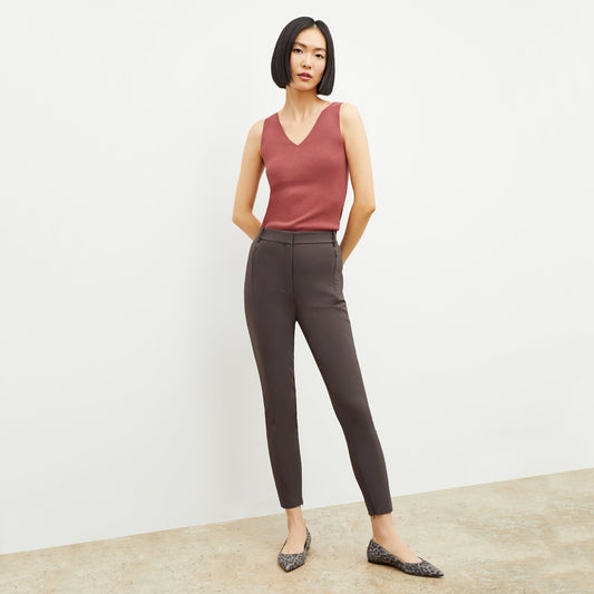 Front image of a woman wearing the Curie Pant in Dark Mink | Lead